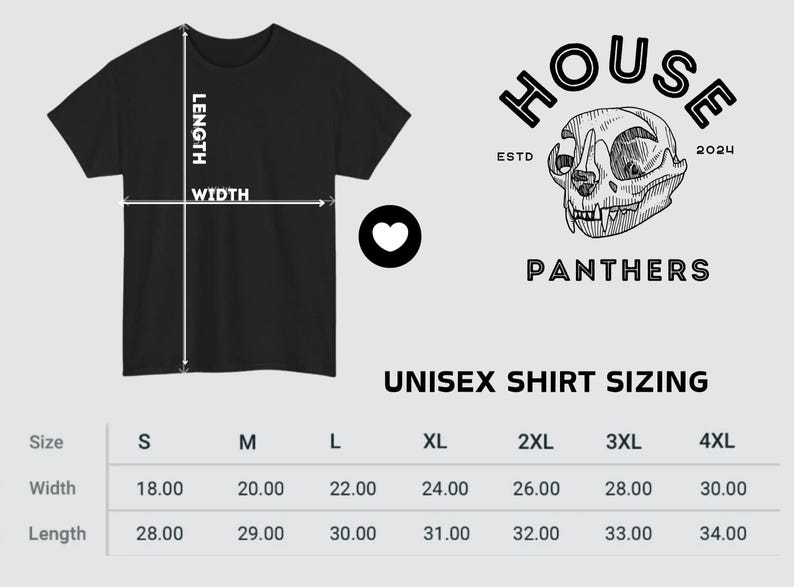 May include: Black t-shirt with sizing chart and a logo featuring a skull. The shirt's width ranges from 18.00 to 30.00 inches, and the length from 28.00 to 34.00 inches. The logo includes the text "HOUSE PANTHERS ESTD 2024".