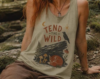 Tend the Wild Summer Tank Top Ecology Shirt Linocut Shirt Mycology Shirt Botanical Conservation Shirt Crow Fox Protect the Vulnerable