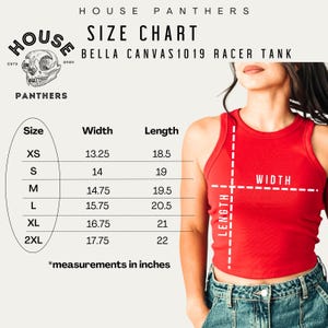 May include: A red Bella Canvas 1019 racer tank top with a size chart. The chart shows measurements in inches for sizes XS to 2XL. The text "HOUSE PANTHERS" and a logo are at the top left.