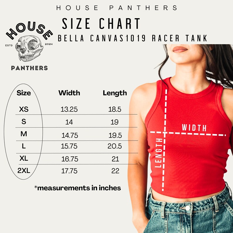 May include: A red Bella Canvas 1019 racer tank top with a size chart. The chart shows measurements in inches for sizes XS to 2XL. The text "HOUSE PANTHERS" and a logo are at the top left.