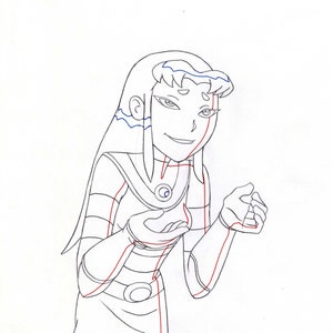 May include: Line art drawing of a female character with long black hair, wearing a dark-colored outfit with a circular design on the chest. The character is smiling and holding her hands up in a gesture of excitement.