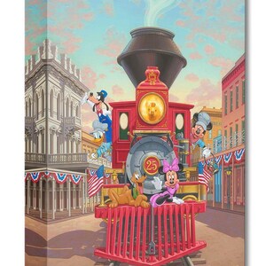 May include: A red vintage steam train with Mickey Mouse, Minnie Mouse, Goofy, Donald Duck, and Pluto on board. The train is decorated with red, white, and blue bunting and American flags. The train is on a track in a town setting with buildings in the background.