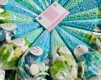 Conos de dulces para Baby Shower, Baby Reveal, conos de dulces verdes y/o azules con etiqueta Oh Baby