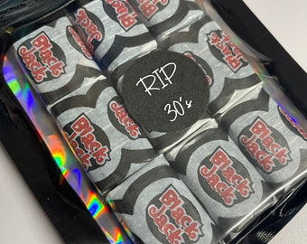 Descanse en paz RIP 30's Party Black Jack Sweet Party Bag - RIP 30's. Favor de fiesta de cumpleaños temática en blanco y negro. Tema del 40 cumpleaños.