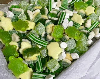 Green themed pick and mix sweet postal box- perfect for any occasion. Small and medium postal boxes available.