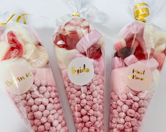 Novia, Damas de honor, Dama de honor, Hombre de honor, Madre de la novia, Madre del novio, Conos de dulces, Dulces Pick N Mix