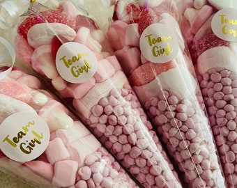 Baby Shower, Conos dulces para revelar el bebé, Bolsas de fiesta para chicas del equipo rosa