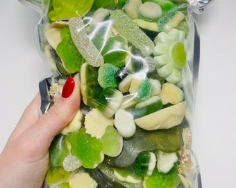 Bolsa de regalo de dulces Pick n Mix grande verde y blanca. Dulces gomosos y gaseosos.