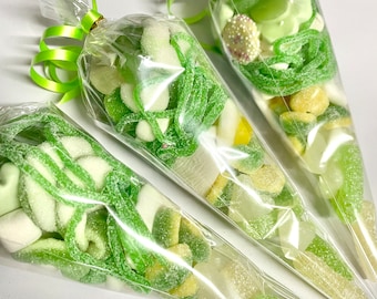 Conos de gominolas y caramelos efervescentes surtidos con temática verde - Bolsas para fiestas