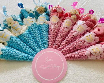 Conos dulces para baby shower, revelación de bebé, dulces para el equipo de niñas y niños
