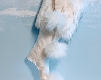 Winter White Christmas Stocking, Elf Toe,  Quality Faux Fur cuff and Poms, Satin Lining, Jewel ornament, Luxurious,