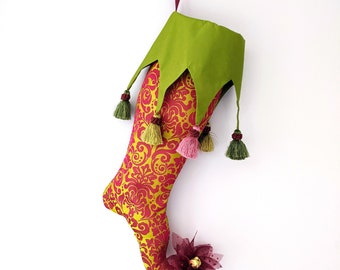 Whimsical Holiday Stocking | Elf/Jester toe | Magenta/Red & Green Brocade |Green silk Cuff with color coordinated tassels | Fancy | Luxury