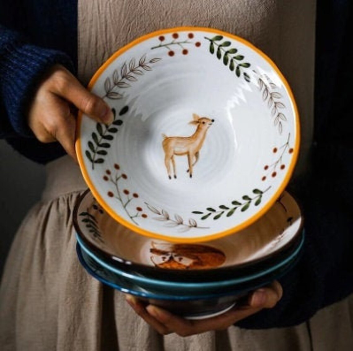 8 Inch Ceramic Bowl Noodle Bowl Woodland Forest Animal Design Etsy