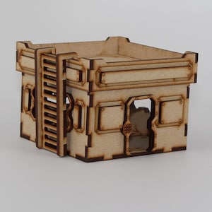 May include: A wooden model of a building with a ladder on the side, a flat roof, and a window with a grid pattern. The building is painted brown with brown trim.