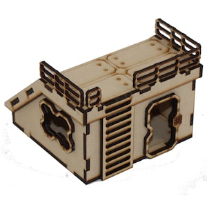 May include: A wooden model of a futuristic building with a ramp, ladder, and a window. The building has a flat roof with a railing and a door.