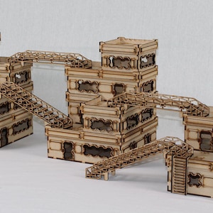 May include: A wooden model of a futuristic city with multiple buildings connected by walkways and stairs. The buildings are made of light brown wood and have windows and doors. The model is perfect for use in tabletop games or as a decorative piece.