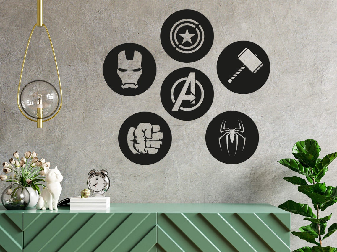 Avengers Wood Wall Art Set of 6 3D Wooden Superhero Logo Wall Etsy