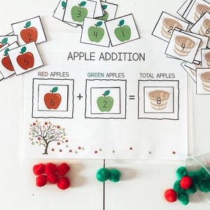 Apple Addition, Math, Toddler Learning Activity, Numbers, Fall, Pom Poms, Apple Lesson