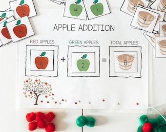 Apple Addition, Math, Toddler Learning Activity, Numbers, Fall, Pom Poms, Apple Lesson