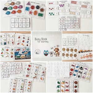 May include: A busy book for learning with colorful pages featuring activities like matching shapes, counting, tracing numbers, and learning the alphabet. The book includes illustrations of animals, vehicles, food, and other objects.