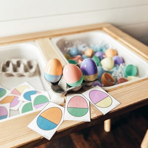 Tarjetas de huevos de Pascua, contenedor sensorial, primavera, emparejamiento, actividad para niños pequeños, colores