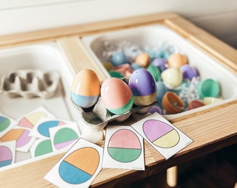 Paaseikaarten, sensorbak, lente, bijpassende kleur, peuteractiviteit, kleuren