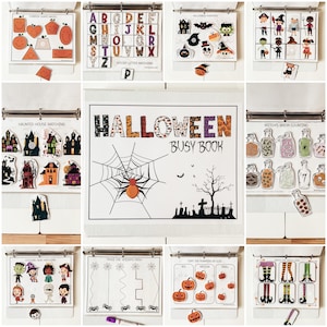 May include: A Halloween-themed busy book with various activities, including matching, counting, and tracing. The pages feature pumpkins, witches, ghosts, and other Halloween characters. The title of the book is "Halloween Busy Book".