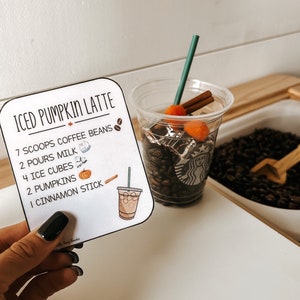 Cartões de receitas de café, caixa sensorial de outono, abóbora, maçã, outono, cafeteria, atividades para crianças
