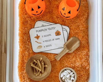 May include: A white tray filled with orange rice, two orange pumpkin buckets, a wooden scoop, a small wooden bowl with yellow yarn, and a small wooden bowl with white pumpkin seeds. There are two cards with the text "Pumpkin "Guts"" and a list of ingredients: 5 scoops, 4 pieces of yarn, 6 seeds.