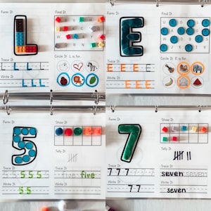 Puede incluir: Un conjunto de hojas de trabajo educativas para que los niños aprendan las letras L y E y los números 5 y 7. Las hojas de trabajo incluyen actividades como trazar, escribir, encontrar la letra o el número en una cuadrícula y rodear la letra o el número que corresponde a un objeto específico. Las hojas de trabajo están diseñadas para ayudar a los niños a desarrollar sus habilidades motoras finas, el reconocimiento de letras y el reconocimiento de números.