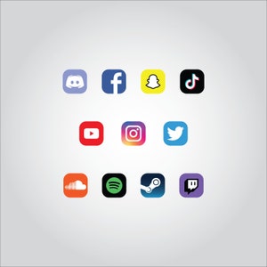 May include: A collection of social media logos, including Discord, Facebook, Snapchat, TikTok, YouTube, Instagram, Twitter, SoundCloud, Spotify, Steam, and Twitch.
