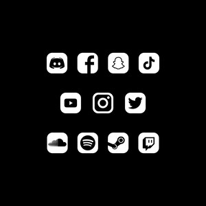 以下が含まれることがあります： 黒の背景に白いソーシャルメディアロゴの集合。ロゴには、Discord、Facebook、Snapchat、TikTok、YouTube、Instagram、Twitter、SoundCloud、Spotify、Steam、Twitchが含まれています。