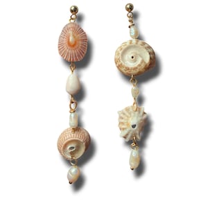 One-of-a-kind Handcrafted Shell & Pearl Dangle Earrings on 24k gold Gold Ball Posts
