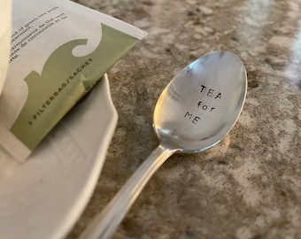 Vintage teaspoon, Tea for Me, silver plated, hand stamped, silverware, flatware, antique