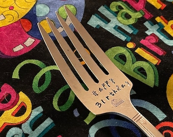 Happy Birthday-cake dessert fork-hand stamped-Vintage-silver plated-gift idea