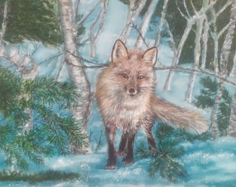 Pastel drawing Fox in winter framed