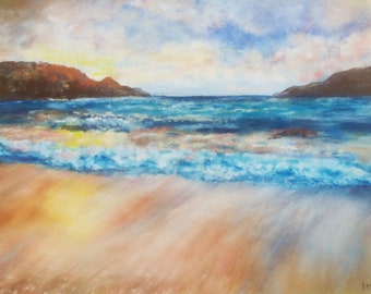 Framed pastel drawing of sunset, ocean, sea, beach