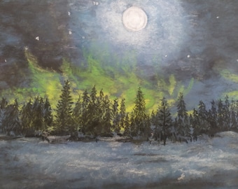 Pastel drawing framed aurora borealis