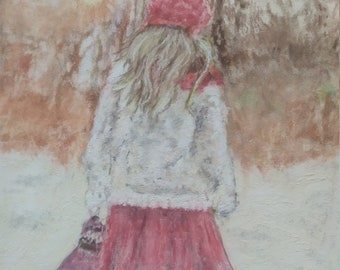 Framed pastel drawing Child in winter