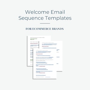 Może przedstawiać: Obraz szablonów sekwencji e-maili powitalnych dla marek e-commerce. Tekst jest w kolorze ciemnoniebieskim. Szablony są wyświetlane na białym papierze z czarnym tekstem. Szablony zawierają wiersze tematu i treść.