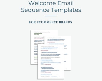 Könnte beinhalten: Bild von Vorlagen für Willkommens-E-Mail-Sequenzen für E-Commerce-Marken. Der Text ist in Dunkelblau gehalten. Die Vorlagen werden auf weißem Papier mit schwarzem Text angezeigt. Die Vorlagen enthalten Betreffzeilen und Textkörper.