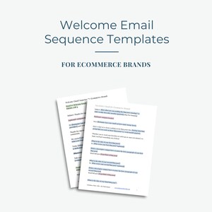 K&ouml;nnte beinhalten: Gezeigt werden zwei wei&szlig;e Papierdokumente mit den Titeln "Welcome Email Sequence Templates" und "Newsletter Email for Ecommerce Brands". Der Text "FOR ECOMMERCE BRANDS" steht &uuml;ber den Dokumenten. Die Dokumente haben Text in Schwarz und Blau.