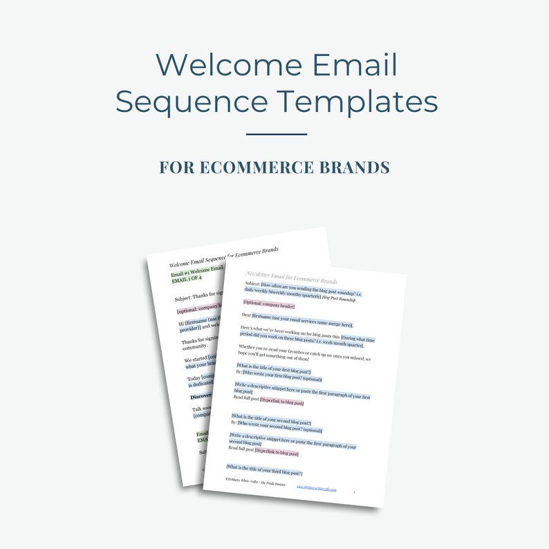 K&ouml;nnte beinhalten: Gezeigt werden zwei wei&szlig;e Papierdokumente mit den Titeln "Welcome Email Sequence Templates" und "Newsletter Email for Ecommerce Brands". Der Text "FOR ECOMMERCE BRANDS" steht &uuml;ber den Dokumenten. Die Dokumente haben Text in Schwarz und Blau.