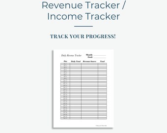 Könnte beinhalten: Ein weißes Blatt Papier mit einer Vorlage für einen Umsatz-Tracker. Der Text oben lautet "Revenue Tracker / Income Tracker" und "TRACK YOUR PROGRESS!". Der Tracker enthält Abschnitte für tägliche Summen und Einnahmequellen.