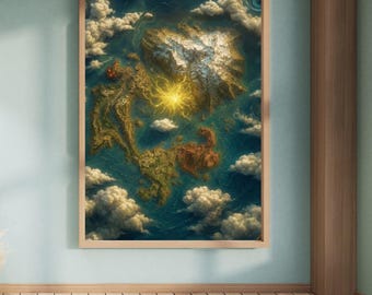 Póster del mapa de Elden Ring, arte de Elden Ring, póster del mapa del mundo de fantasía oscura, arte mural de reinos míticos, obra de arte inspirada en juegos de rol, arte para televisión con marco