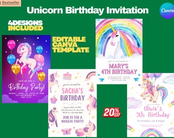 Invitación de cumpleaños de unicornio - Plantilla editable de Canva