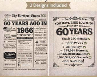 Paquete de pósteres de cumpleaños de 1966, regalo de 60 cumpleaños, lámina "Nacido en 1966", póster de periódico de hace 60 años, arte mural vintage de 1966, descarga digital.