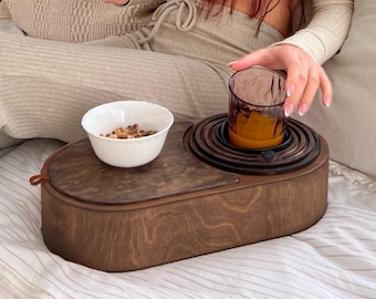 Porte-gobelet avec snack-bar, table de canapé en bois, organiseur de boissons pour le lit, cadeau de fête des pères