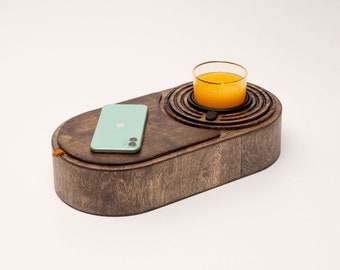 Wooden Couch Glass Anti-Spill Holder, Ergonomic Handmade Couch Console For One Glass, Handmade Dark Wood Sofa Organizer