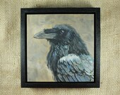 Raven original painting / oil paint on wooden panel / handmade and unique bird painting / 15x15cm 6x6" / frame size: 18x18cm 7,2x7,2"